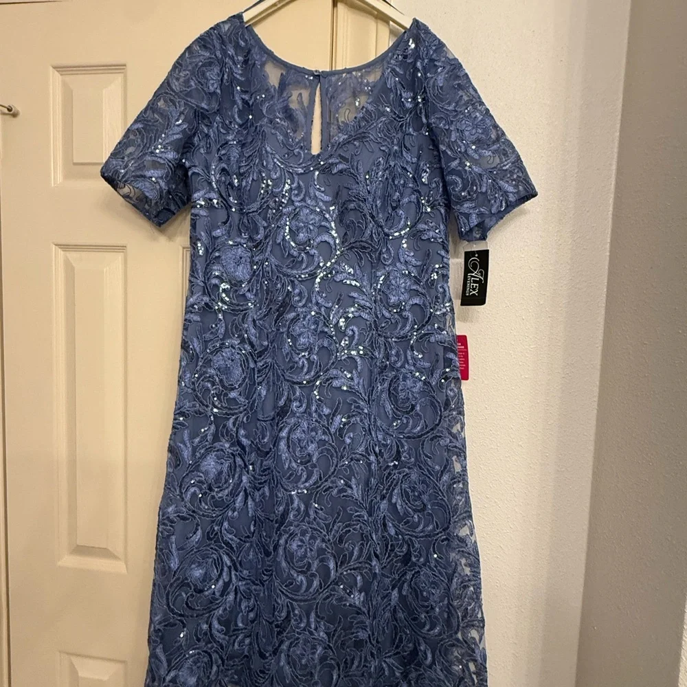 Alex Evenings Dusty Blue Embroidered Lace Midi Dress - Picture 3 of 3